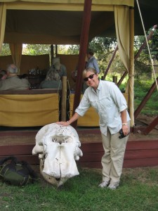 Marion pats the elephant skull