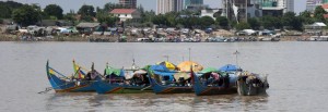 Colorful boats in Phnom Penh harbor