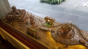 Wooden models in hotel window