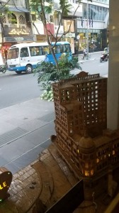 Wooden models in hotel window