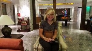 Marion in the hotel lobby