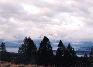 Tetons partially clouded over