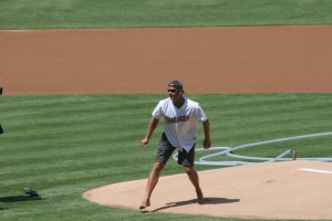 Throwing out the first pitch (barefoot!)