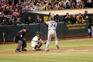 Ken Griffey prepares to ground out