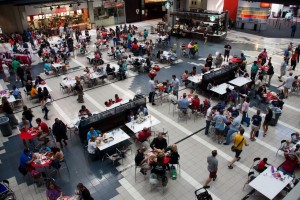 CNN cafeteria - the floor is a world map with CNN bureaus marked