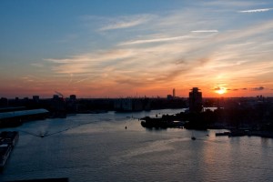 Sunset over Amsterdam harbor