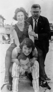 Possibly Jack Hoffman on bottom, Lillian Baron Hoffman, Mildred Baron Chernoff standing. Unknown man.