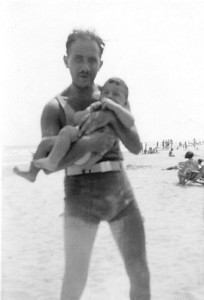 Murray Kressen (first pharmacist at Kesslers), holding Baron Kessler. Atlantic City, NJ