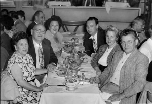 Joseph Chernoff (2nd from left), Mildred Baron Chernoff (right of Joe), Gertrude Baron Kessler (center) and Albert Kessler (to her right) and ??, Fan and Bill's Club, Miami Beach, FL 