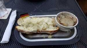 Brat with sauerkraut and cheese.  Yum!