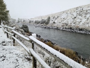 River by the campsite in snow