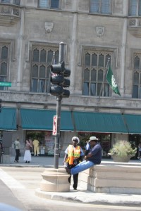 Traffic cop and pedestrian