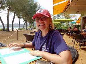 Marion enjoys breakfast on the beach