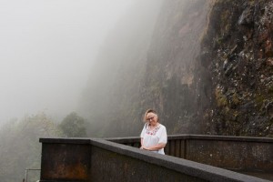 Marion in the mist at the Pali lookout 