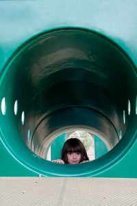 Elizabeth comes up the tube slide