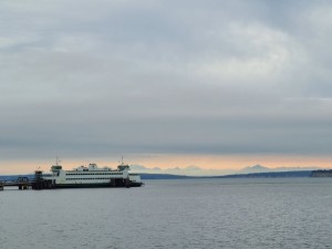 The ferry and mountains