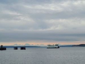 The ferry and mountains