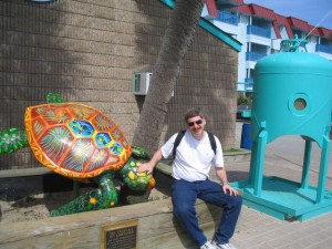 Bart pets the sea turtle