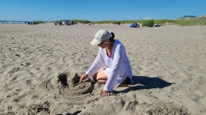 Marion makes a sand castle